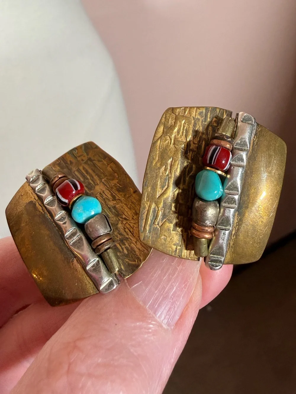 Vintage brutalist brass stone oversized modernist earrings artisan
